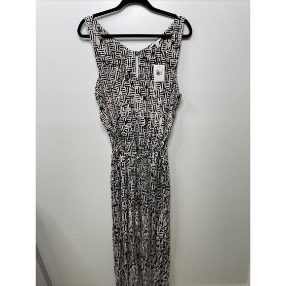 Ella Moss Jumpsuit Black‎ Cream Print Sleeveless Drawstring Waist L NWT Abstract - Picture 6 of 16
